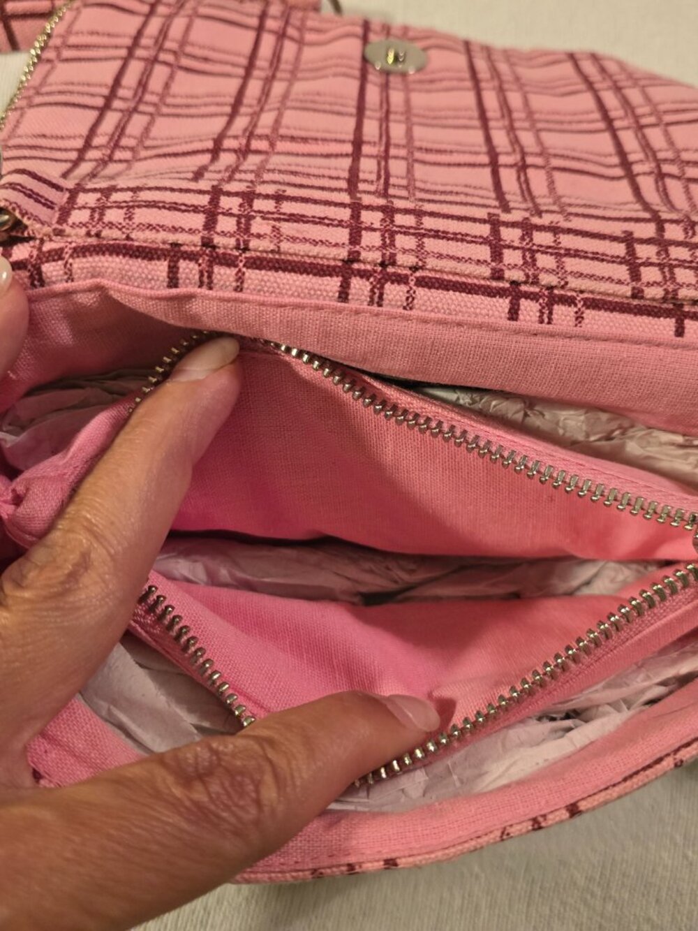 New Zara Pink Plaid Beaded Crossbody Bag With Chain Strap - Picture 8 of 16